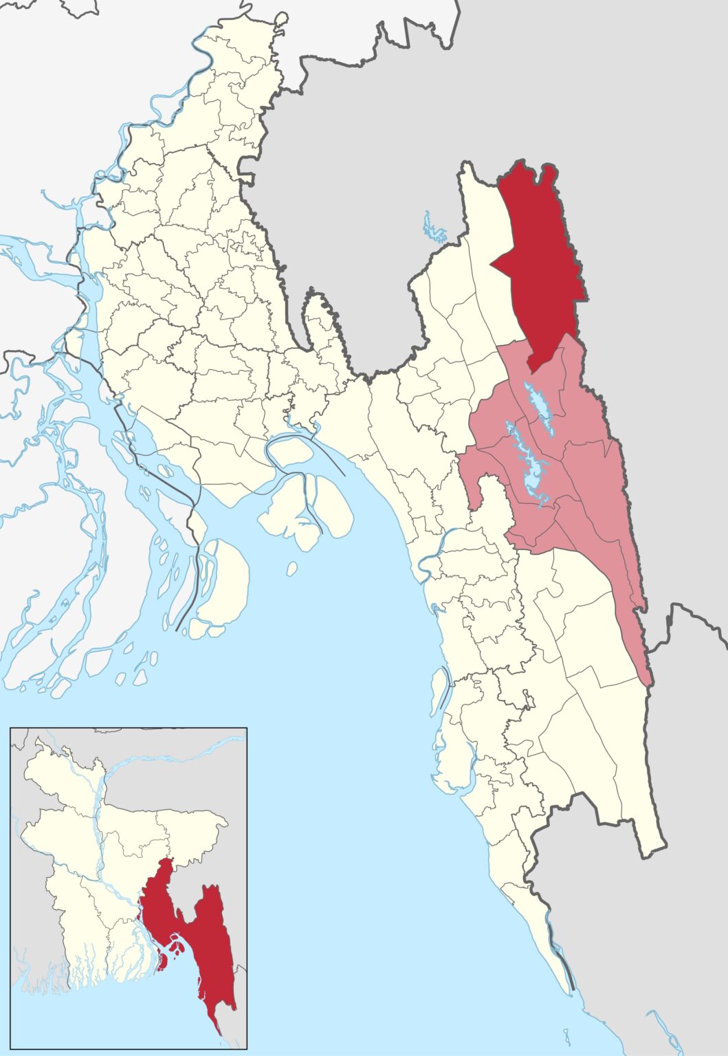 Locator map of Chattogram division with Baghaichhari Upazila shaded dark red in the north of Rangamati district, and an inset map of Bangladesh