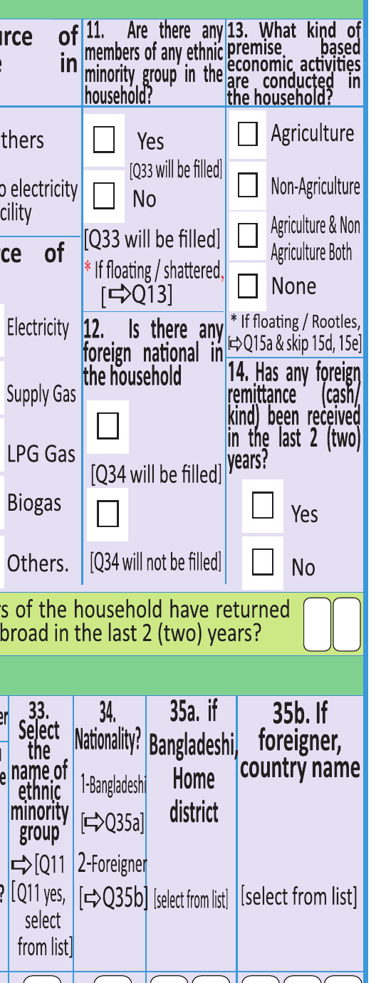 প্রশ্নপত্রের অংশ: উপরে প্রশ্ন 11 “Are there any members of any ethnic minority group in the household?”, তার নিচে Yes ও No দুই ঘরের পাশেই “[Q33 will be filled]”; নিচে প্রশ্ন 33 “Select the name of ethnic minority group”
