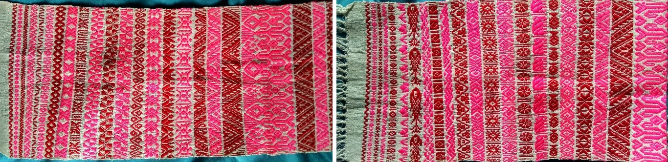 সাদা জমিনে গোলাপি ও গাঢ় লাল সুতায় খাড়া সারিতে নানা নকশা বোনা একটি চাকমা আলামের দুটি অংশ পাশাপাশি