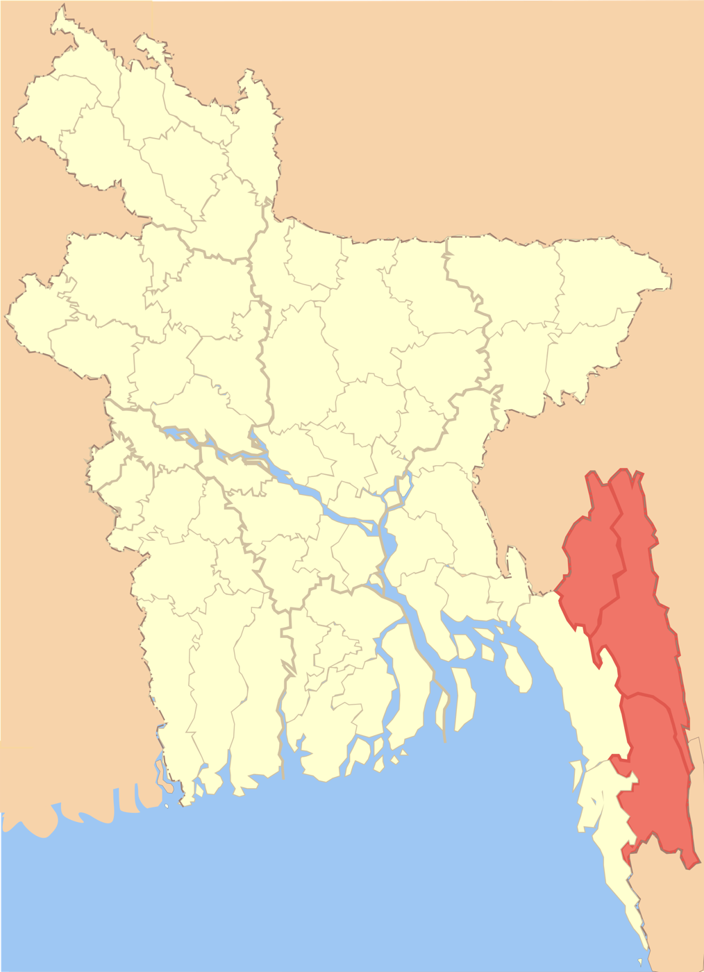 বাংলাদেশের জেলাভিত্তিক মানচিত্র, দক্ষিণ-পূর্ব কোণে রাঙামাটি, খাগড়াছড়ি ও বান্দরবান জেলা লাল রঙে চিহ্নিত