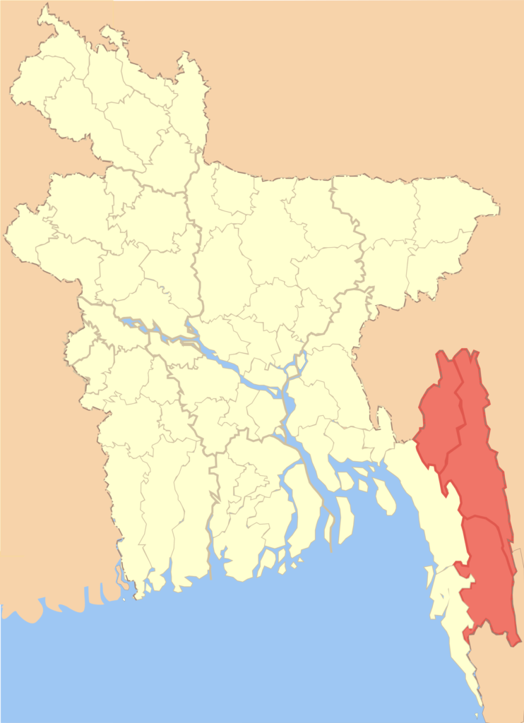 বাংলাদেশের মানচিত্র, দক্ষিণ-পূর্ব কোণে লাল রঙে চিহ্নিত পার্বত্য চট্টগ্রামের তিনটি জেলা