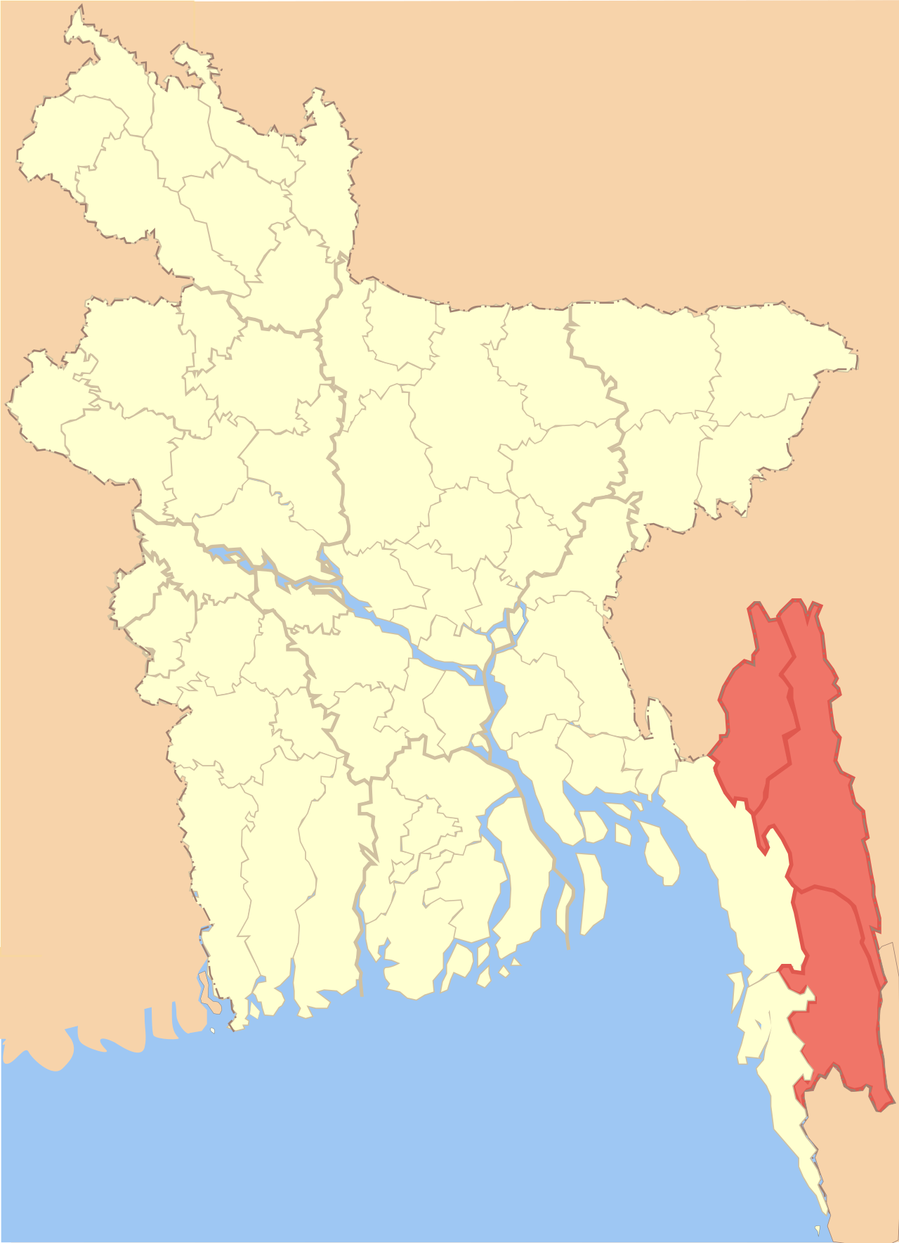 বাংলাদেশের মানচিত্রে দক্ষিণ-পূর্ব কোণে লাল রঙে চিহ্নিত পার্বত্য চট্টগ্রামের তিন জেলা — খাগড়াছড়ি, রাঙ্গামাটি ও বান্দরবান