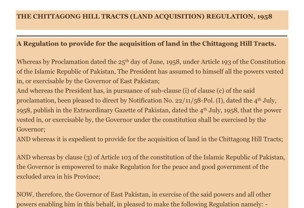 First page of the text of The Chittagong Hill Tracts (Land Acquisition) Regulation, 1958, showing its title and preamble