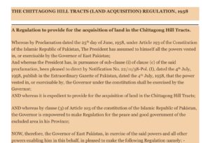First page of the text of The Chittagong Hill Tracts (Land Acquisition) Regulation, 1958, showing its title and preamble