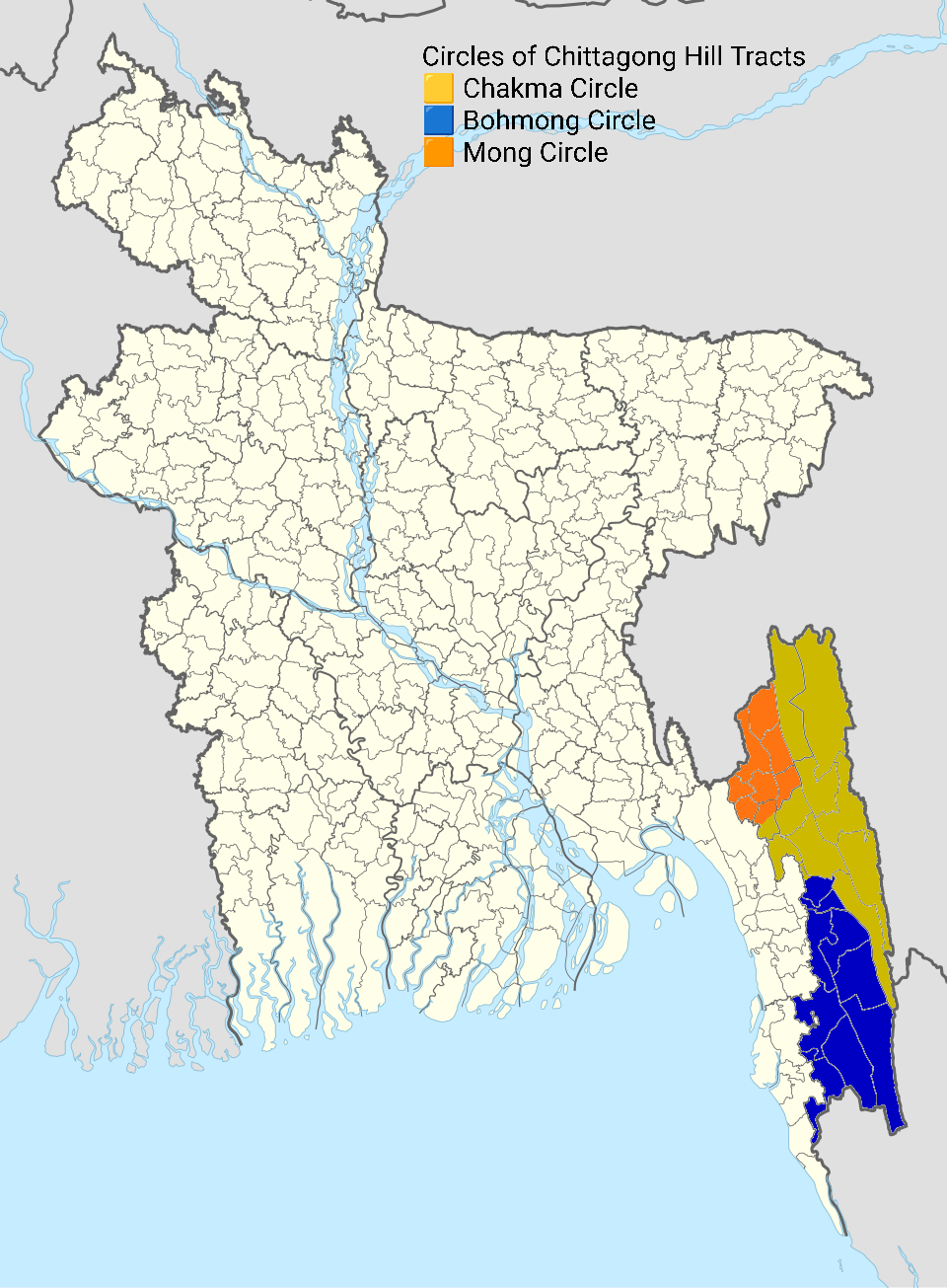 বাংলাদেশের মানচিত্রে পার্বত্য চট্টগ্রামের তিন সার্কেল রং দিয়ে চিহ্নিত: চাকমা সার্কেল হলুদ, মং সার্কেল কমলা, দক্ষিণে বোমাং সার্কেল নীল