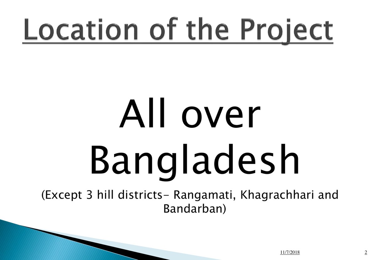 ভূমি মন্ত্রণালয়ের উপস্থাপনার একটি স্লাইড, ইংরেজিতে লেখা প্রকল্পের এলাকা সারা বাংলাদেশ, রাঙামাটি, খাগড়াছড়ি ও বান্দরবান তিন পার্বত্য জেলা বাদে