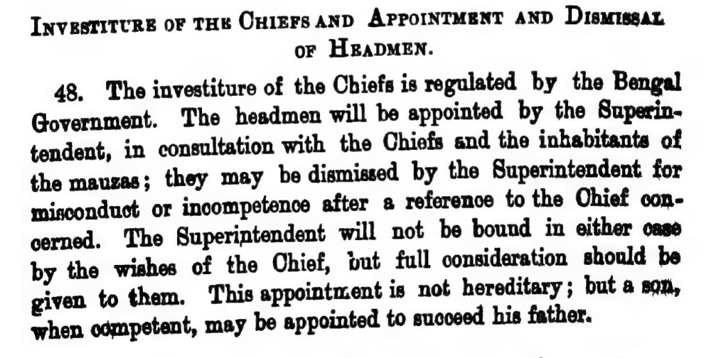 পুরোনো ইংরেজি ছাপার একটি অংশ: শিরোনাম Investiture of the Chiefs and Appointment and Dismissal of Headmen, নিচে 48 নম্বর বিধির পুরো অনুচ্ছেদ, যেখানে Superintendent ও the inhabitants of the mauzas কথাগুলো আছে