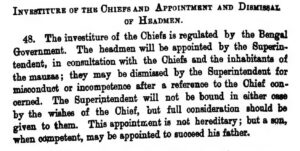 পুরোনো ইংরেজি ছাপার একটি অংশ: শিরোনাম Investiture of the Chiefs and Appointment and Dismissal of Headmen, নিচে 48 নম্বর বিধির পুরো অনুচ্ছেদ, যেখানে Superintendent ও the inhabitants of the mauzas কথাগুলো আছে