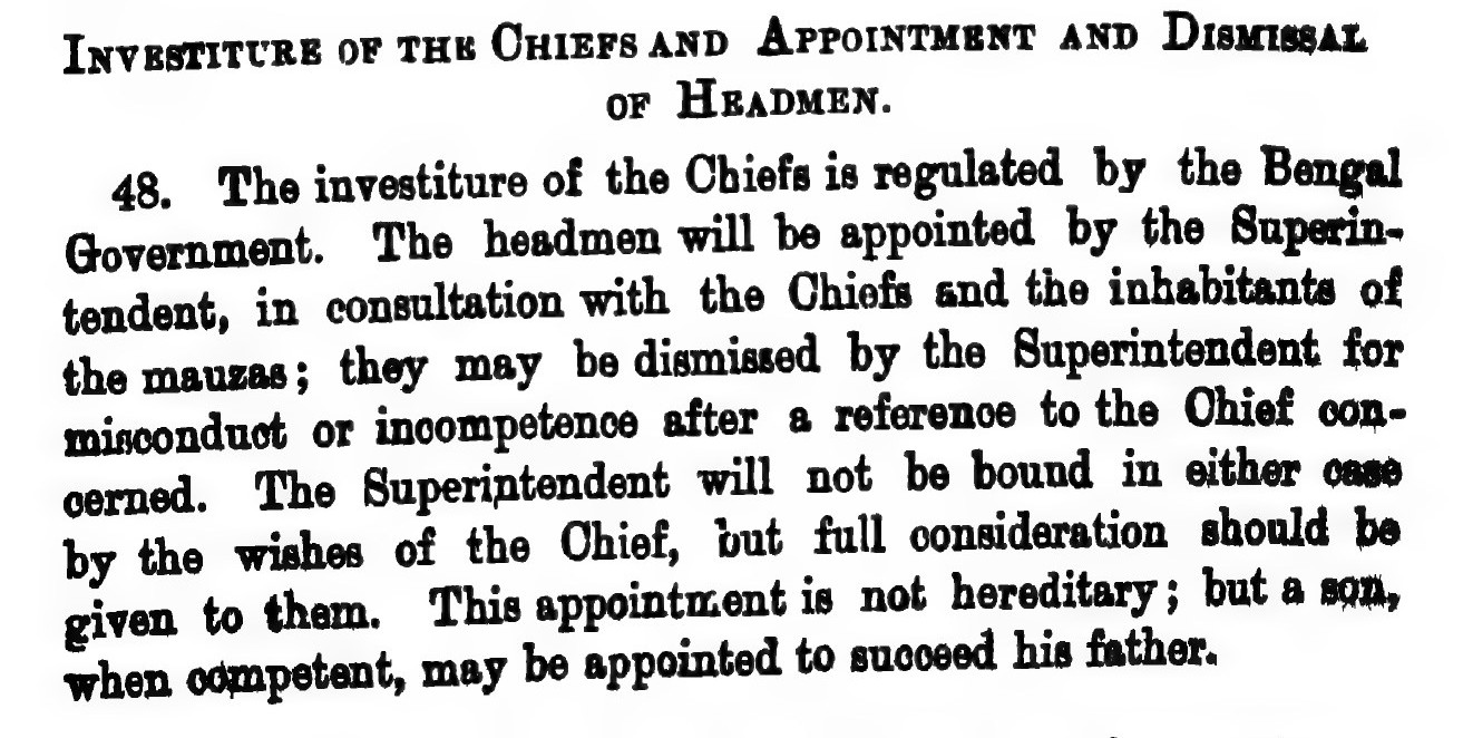 পুরোনো ইংরেজি ছাপার একটি অংশ: শিরোনাম Investiture of the Chiefs and Appointment and Dismissal of Headmen, নিচে 48 নম্বর বিধির পুরো অনুচ্ছেদ, যেখানে Superintendent ও the inhabitants of the mauzas কথাগুলো আছে