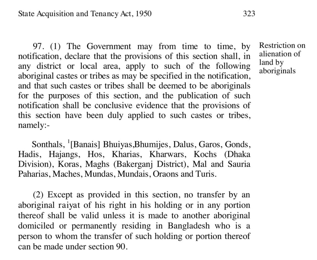 বাংলাদেশ কোডে ছাপা State Acquisition and Tenancy Act 1950-এর পাতা, ধারা ৯৭(১) ও ৯৭(২) এবং জাতিগুলোর তালিকা