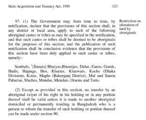 বাংলাদেশ কোডে ছাপা State Acquisition and Tenancy Act 1950-এর পাতা, ধারা ৯৭(১) ও ৯৭(২) এবং জাতিগুলোর তালিকা