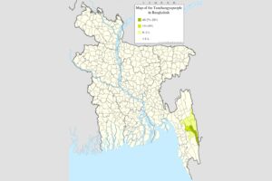 বাংলাদেশের উপজেলাভিত্তিক মানচিত্র; দক্ষিণ-পূর্বে পার্বত্য চট্টগ্রামের কয়েকটি উপজেলা হালকা থেকে গাঢ় সবুজে রাঙানো, বাকি দেশ ফিকে হলুদ; ওপরে ডানে শতাংশের লেজেন্ড